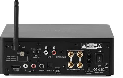 Hi-Fi stiprintuvas Tangent Ampster BT III, juodas metalinis korpusas, galinė dalis su antena, RCA, HDMI ARC, optiniu įėjimu, USB, garsiakalbių gnybtais