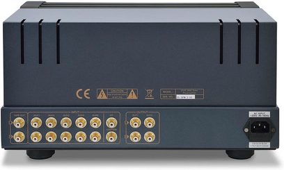 PrimaLuna EVO 300 sort forstærker, set forfra, 16 forgyldte knapper, LED-display, stik på bagsiden