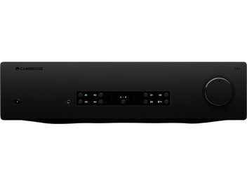 Integrerad stereoförstärkare Cambridge Audio CXA81 MkII svart, framifrån med stor volymknapp och ren frontpanel