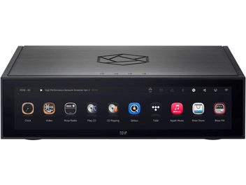 Reproductor de audio en red RS151 negro con carcasa rectangular, superficie superior de metal cepillado, pantalla frontal táctil que muestra iconos