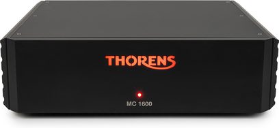 Thorens MC 1600 Phono-Vorverstärker schwarz, Frontblende mit leuchtend rotem Logo und LED-Anzeige