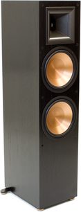 Sloupová reprosoustava Klipsch RF-7 MkII černá, pohled zepředu, dva kulaté zlaté reproduktory v tmavém dřevěném kabinetu