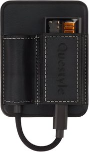 Kožené černé pouzdro Questyle M15C M15i, čelní pohled s částečně viditelným kabelem a audio modulem