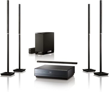 Sony BDV-IT1000 hjemmebiografsystem bestående af en basrefleksboks, en Blu-ray-afspiller og 5 gulvhøjtalere i sort