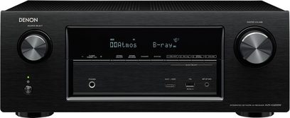 Denon AVR-X3200W sort home cinema-forstærker, sort frontpanel i aluminium, blåt display, drejelige knapper, ventilationsriste