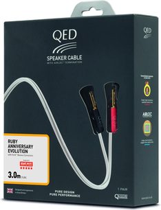 Câble enceinte QED Ruby Anniversary Evolution avec connecteurs Airloc, 3 mètres, blanc, emballage noir et orange