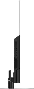 Panasonic TX-65LZ1000E-fladskærms-tv, set fra siden, flad skærm, smalle kanter, rektangulært sort fod, stik på bagsiden