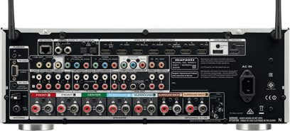 Marantz SR5011 sort hjemmebiograf-forstærker, bagside, analog og digital lyd-/videotilslutning, Wi-Fi- og Bluetooth-antenner