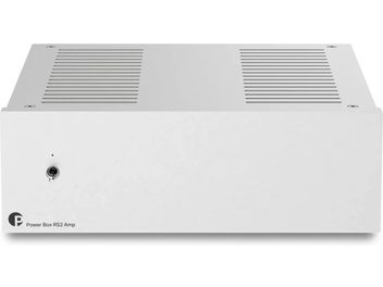 Alimentazione esterna Pro-Ject Power Box RS2 Amp argentata vista frontale, chassis rettangolare con interruttore a sinistra