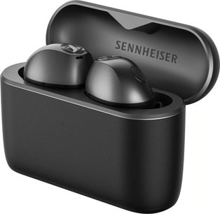Auricolari wireless Sennheiser Momentum True Wireless 5 neri nella loro custodia di ricarica aperta