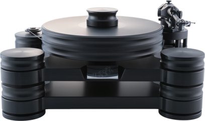 Transrotor Dark Star Reference RB330 matzwarte hi-fi platenspeler met dikke, gegroefde riemaangedreven plaat, toonarm rechts en massieve cilindrische voeten, vooraanzicht