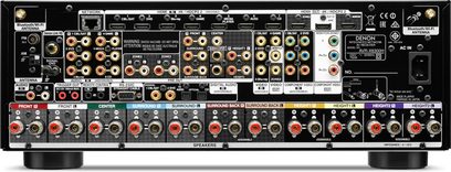 Denon AVR-X6300H sort hjemmebiografsforstærker, bagside, mange lyd/video-stik, knapper, kontakter, Wi-Fi-antenne