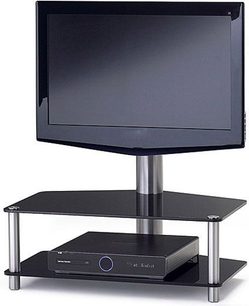 Sort glasmetalskænk til TV, 2 hylder, fladskærm på den øverste hylde, DVD-afspiller på den nederste hylde