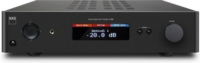 NAD C368 grafit stereo hi-fi-forstærker, sort front med rød display, knapper og stik set forfra