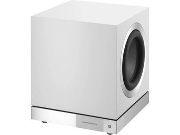 Субуфер Bowers & Wilkins DB3D в бял сатен, изглед отпред, кубична форма, черен кръгъл говорител в центъра