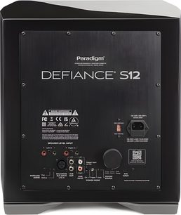 Paradigm Defiance S12 black subwoofer, rear view, metal panel, RCA/XLR inputs, knob, power socket