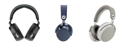 Sennheiser bezvadu austiņas melnā, tumši zilā un bēšā krāsā, skats no priekšpuses un trīs ceturtdaļu rakursā