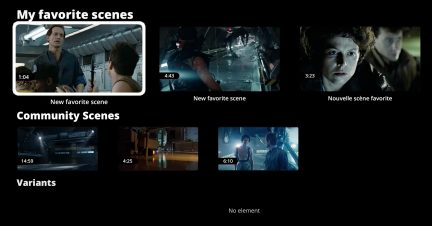 Black interface with 6 rectangular video thumbnails, white text, durations at the bottom left, sections "My favorite scenes" and "Community Scenes"
