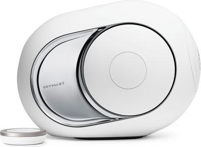 Бездротові підключені колонки Devialet Phantom I 103 dB хром стерео, вид спереду, хромована блискуча обробка, овальна форма