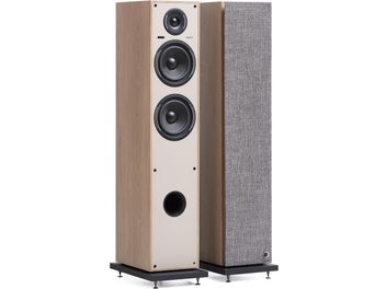 Coppia di diffusori da pavimento Elipson Horus 11 Active BT Phono, legno chiaro, 2 woofer, tweeter, condotto reflex, griglia grigia, vista 3/4