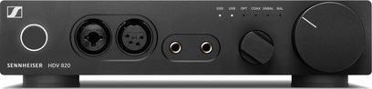 Слушалков предусилвател Sennheiser HDV 820 черен, изглед отпред, конектори вляво, бутони и регулатор вдясно