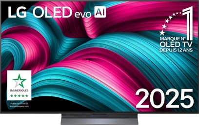 LG OLED55C5 sort højopløsnings-tv med slankt metalramme, flad 55-tommer OLED-skærm, der viser blå og magenta mønstre, monteret på en antracitgrå centreret fod, set forfra