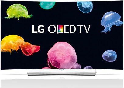 LG 65EG960V OLED-tv set forfra, sort skærm med farverige vandmænd svævende på en mørk baggrund, LG OLED TV-logo