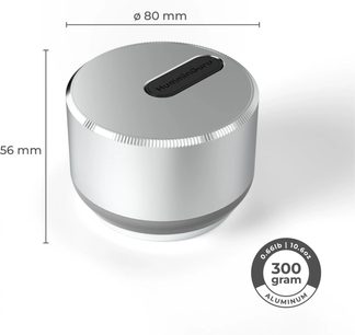 HumminGuru Lumi-pladevægt til pladespiller, sølvfarvet og cylindrisk, med rillet kant og sort indsats på toppen