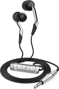 Sennheiser CX 980 in-ear hovedtelefoner, sort med sølvfarvet ledningsbetjening, ovale ørepropper og flettet kabel