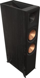 Klipsch RP-8060FA II ebony gulvhøjttaler, 2022-udgave, sort finish, set fra en vinkel forfra med to højttalere synlige