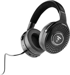 Căști hifi fără fir Bluetooth Focal Bathys deep black, vedere laterală, bandă de susținere căptușită, pernițe circulare, cablu conectat