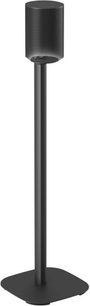 Black Vogel's SFS 4113 speaker stand with a slim stem and square base with rounded corners, with a black Sonos speaker