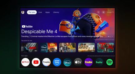 Pantalla de inicio de Google TV que muestra Mi villano favorito 4 en primer plano con una fila de íconos de las apps Netflix, Disney+ y Hulu