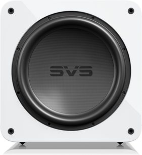 Subwoofer SVS SB-5000 R|Evolution v bílém klavírním laku, s čelním čtvercovým panelem, centrálně umístěným černým reproduktorem a logem SVS