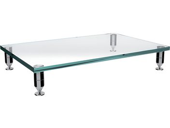 Schroers & Schroers Modul 170/1065 gennemsigtig glashylde til hi-fi med forkromede ben, set forfra på hvid baggrund