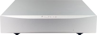 Nuprime STA-9X sølvfarvet effektforstærker, frontvisning, rektangulær form, sølvfarvet front, Nuprime-logo indgraveret i midten