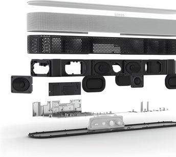 Soundbar Sonos Beam (Gen 2) nero opaco, vista esplosa dei componenti interni ed esterni su sfondo bianco