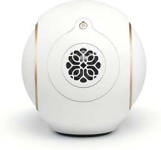 Hlasitosť DEVIALET Phantom Ultimate 98 dB Opéra de Paris, biely plast, zlaté vložky, pohľad zepredu, priečelie s otvormi