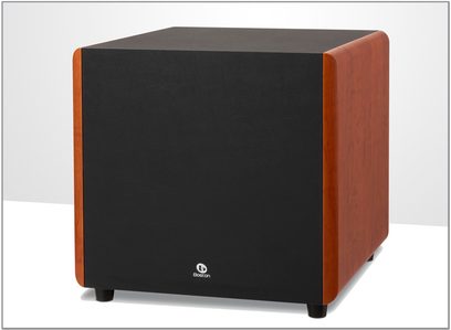 Boston Acoustics ASW 250 cherry subwoofer, front view, cubic shape, cherry wood finish, black grille