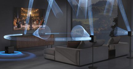Schwarzes Heimkino-Set aus Kunststoff mit würfelförmigem Subwoofer auf dem Boden und zwei kompakten Lautsprechern auf Metallständern, perspektivische Ansicht eines Wohnzimmers mit blauen Lichtspiralen, die die Schallausbreitung veranschaulichen