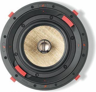 Indbygningshøjttaler til loftet Focal 300 ICW6, set ovenfra, cirkulær form, beige centerkegle, sort ramme, røde elementer