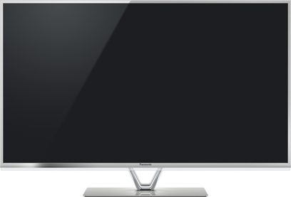 Panasonic TX-L42FT60E fladskærms-TV, sort skærm slukket på V-formet metalstativ, set forfra