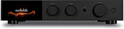 Audiolab 9000A black stereo integrated hi-fi amplifier with a screen displaying a luminous logo, 3 circular buttons, headphone jack, red button