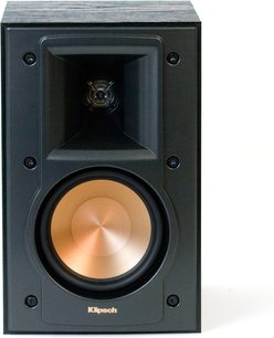 Klipsch RB-41 MkII sort bogreolhøjttaler, set forfra, med gylden mellemtone/bas-højttaler i midten og diskant øverst