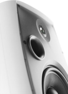 Akustický reproduktor Focal Custom OD 108, černobílý detailní záběr na reproduktor a výškový reproduktor, pohled ze tří čtvrtin
