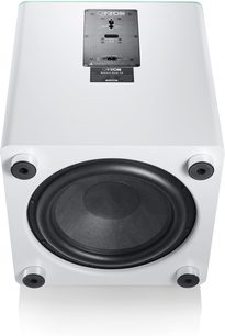 Subwoofer attivo Canton Smart Sub 12 bianco opaco, vista angolata con altoparlante frontale nero e pannello di controllo posteriore