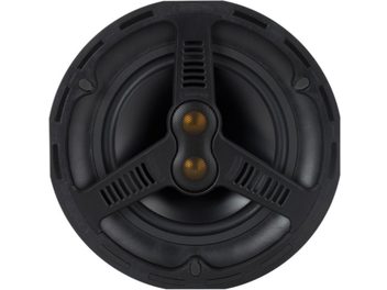 Monitor Audio AWC280 T2 altoparlante da incasso, vista frontale ravvicinata, griglia nera con due altoparlanti dorati al centro