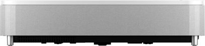 Epson EH-LS800W hvid videoprojektor set forfra, med rektangulært forlænget format, grå højttalergitter i den nederste del