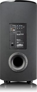 Cassa cilindrica nera laccata SVS PC-2000 Pro, vista frontale con altoparlante rotondo e pannello di controllo