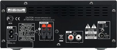 Mini Hi-Fi systém Pioneer X-HM21-K černý, zadní pohled, konektory a technické specifikace, varovný štítek